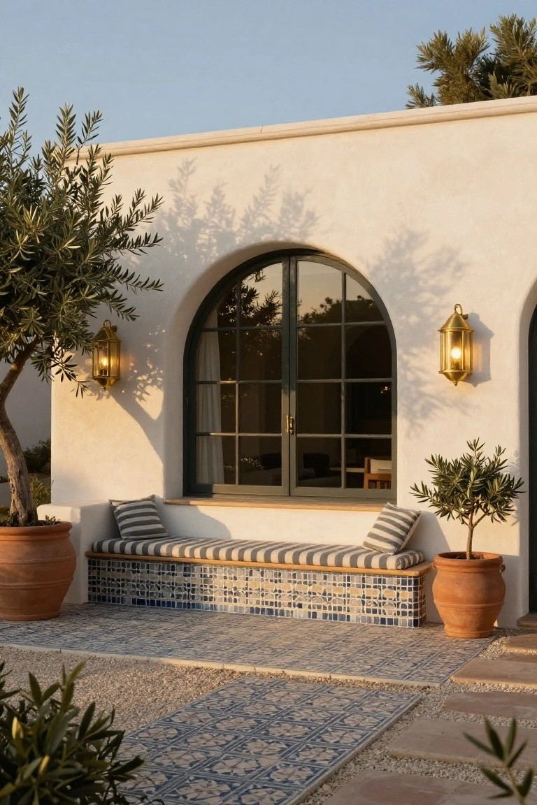 White stucco exterior wall with arched green-framed window, built-in bench with striped cushions on blue-and-beige tiled base, brass lanterns, olive trees in terracotta pots, and blue patterned tile path on gravel ground.