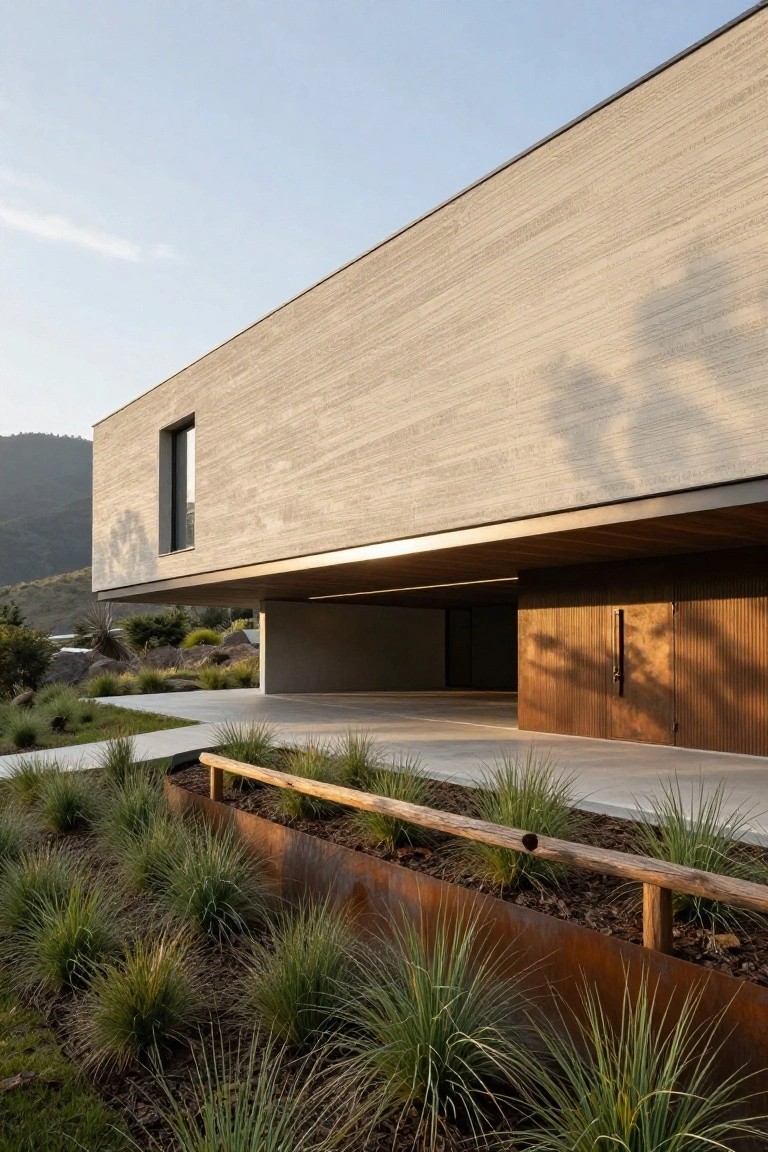 Modern house exterior featuring beige textured walls, a cantilevered upper volume over a recessed garage area with vertical wood slat doors, concrete apron, rustic wood railing planter with grasses, and mountain backdrop at dusk.