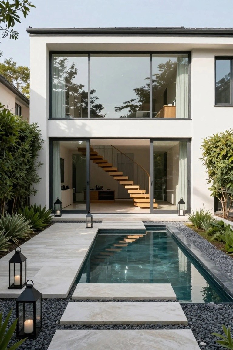 Modern white two-story house with black-framed glass sliding doors open to an interior view, adjacent to a narrow rectangular turquoise pool with stone steps leading into the water, surrounded by pavers, gravel, agave plants, and black metal lanterns.