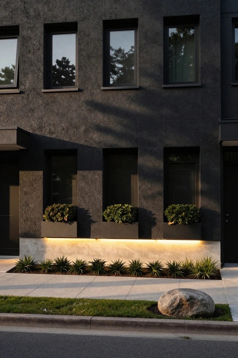 Black textured modern house facade with three recessed narrow windows on upper level, three lit black planters with boxwood on lower level, row of agave plants, large boulder in grass strip, and concrete sidewalk at golden hour.