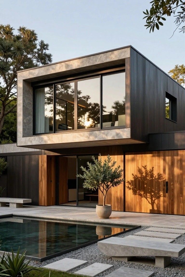 Modern two-story house exterior featuring dark wood cladding, light grey stone accents on the upper level, large sliding glass windows, wooden garage door, infinity-edge pool, concrete benches, stepping stones, and surrounding trees and plants.