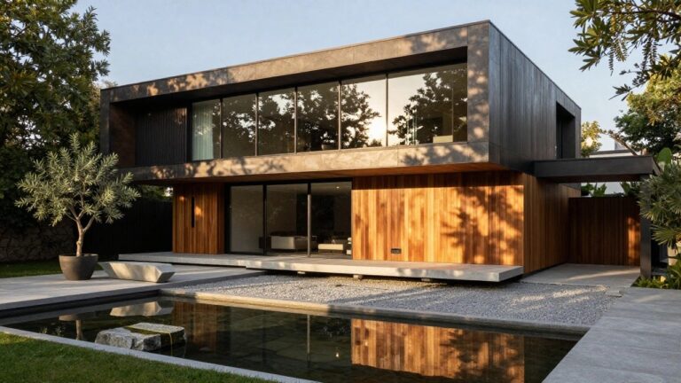 Modern two-story house exterior featuring dark wood cladding, light grey stone accents on the upper level, large sliding glass windows, wooden garage door, infinity-edge pool, concrete benches, stepping stones, and surrounding trees and plants.