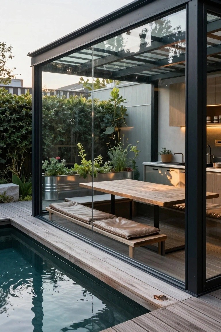 Glass-enclosed pavilion with outdoor kitchen sink, cabinets, wooden dining table and benches, plants in metal tubs, adjacent to rectangular pool on wooden deck.