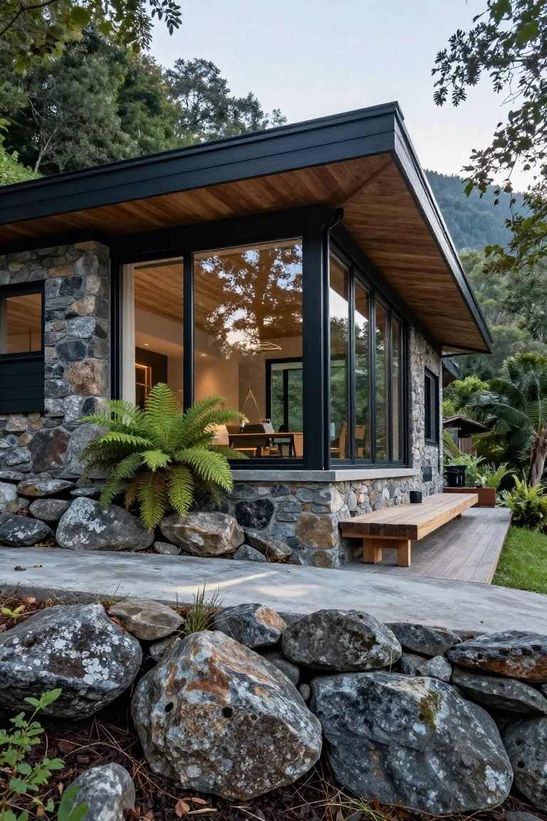 Modern single-story house exterior with dark stone walls, large black-framed glass windows, wooden roof eaves and bench, surrounded by rocks, ferns, and trees on a sloped site.