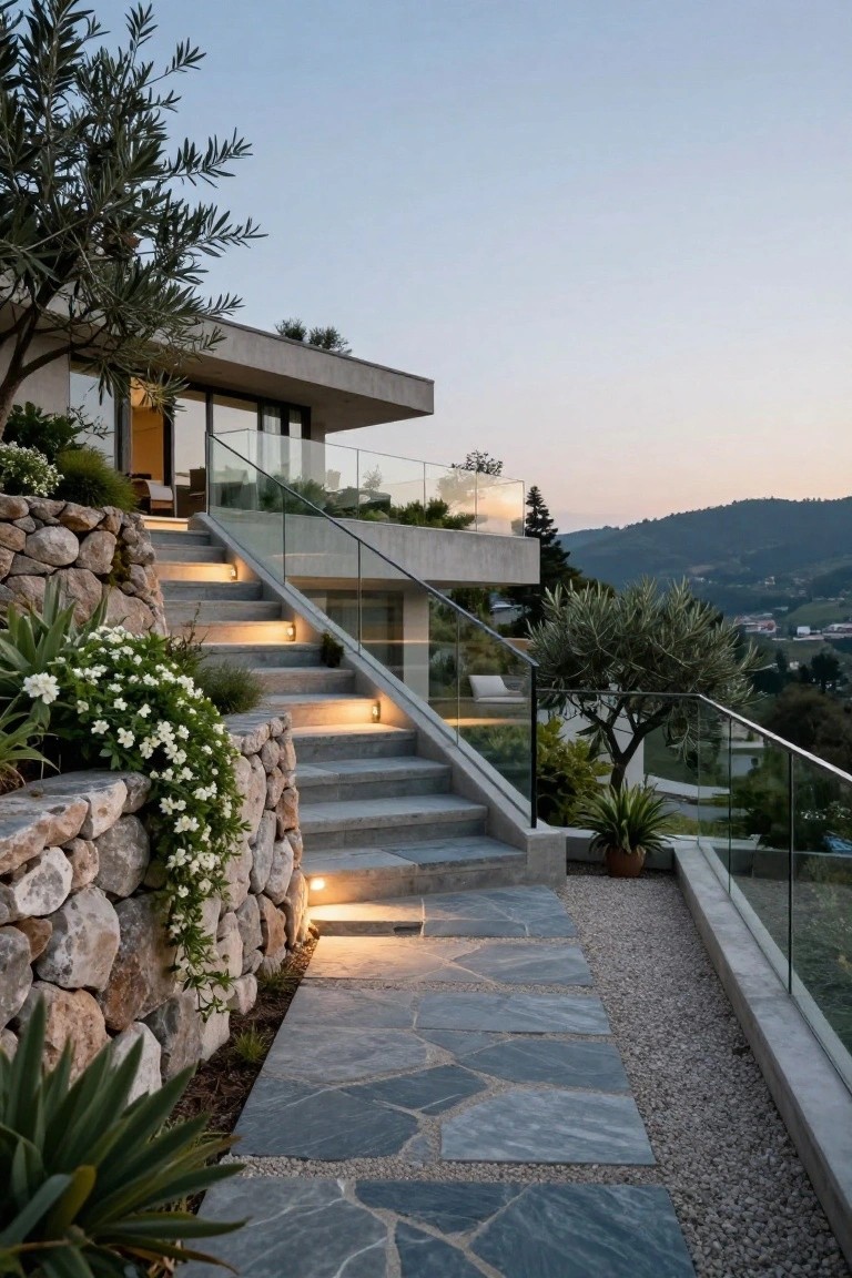 Modern concrete house on a hillside with wide concrete stairs edged by stone walls and plants, featuring embedded step lights and glass railings, next to a slate path and overlooking distant hills at dusk.