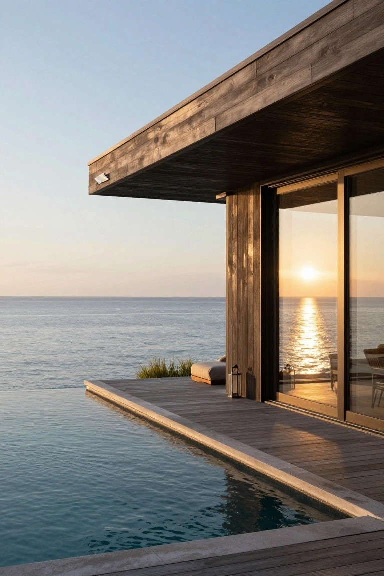 Corner view of a modern dark wood house with overhanging roof, large glass sliding doors, wooden deck, and turquoise infinity pool overlooking the ocean at sunset.