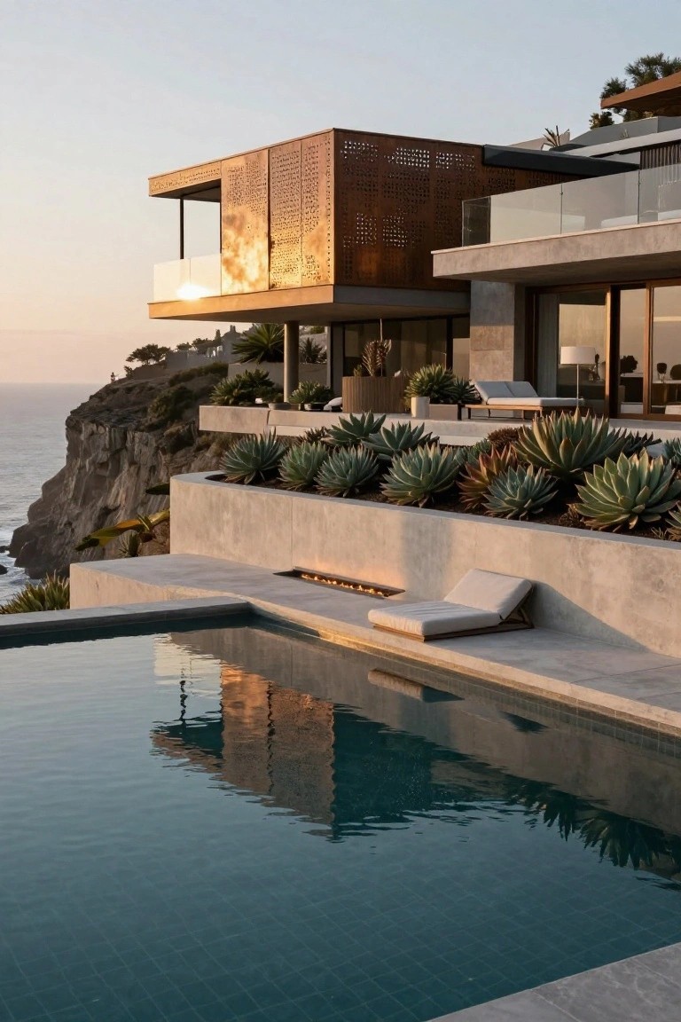 Contemporary clifftop terrace with teal infinity pool, lit linear concrete fire trough along the edge, single white lounger chair, raised beds of agave plants, and partial view of bronze-screened house facade overlooking ocean at sunset.