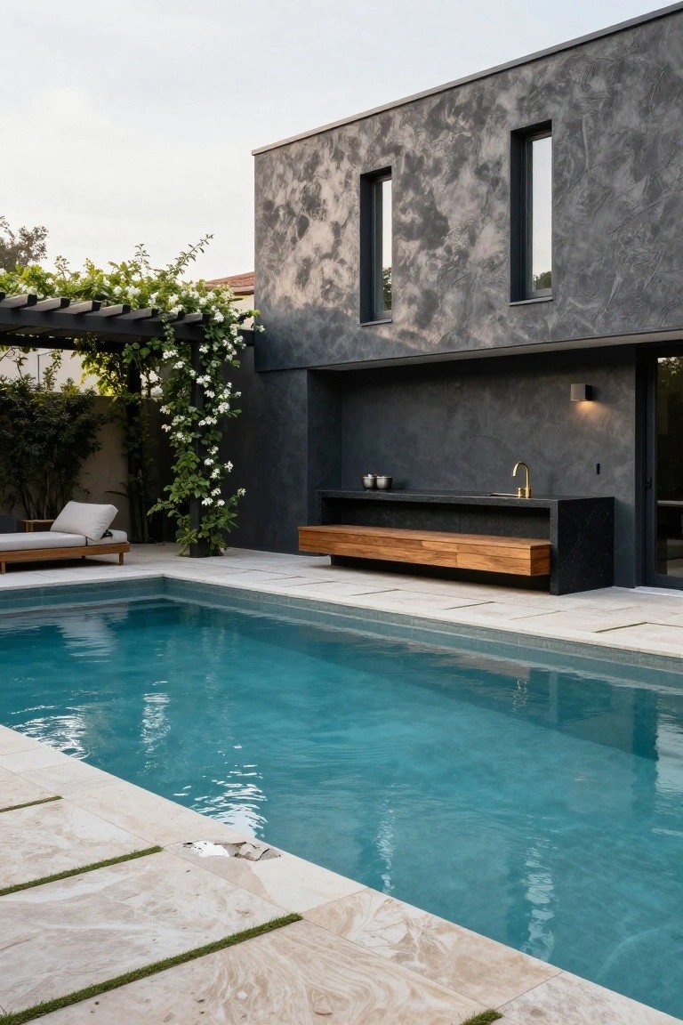 Modern house with dark textured walls and built-in black stone outdoor kitchen counter with gold faucet and wooden bench underneath, next to a rectangular turquoise pool on travertine decking with greenery and pergola nearby.