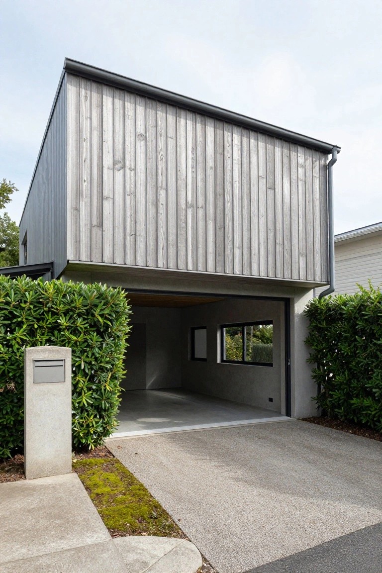 Modern two-story house exterior with vertical grey timber cladding on upper walls, open concrete garage door, flanked by green hedges, concrete mailbox post, and concrete driveway.