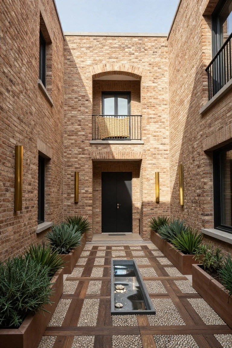 Brick courtyard with central pathway of dark wood planks in light pebble grid, narrow rectangular water feature, metal planters with agave plants on sides, black entry door, balcony above, and open sky.