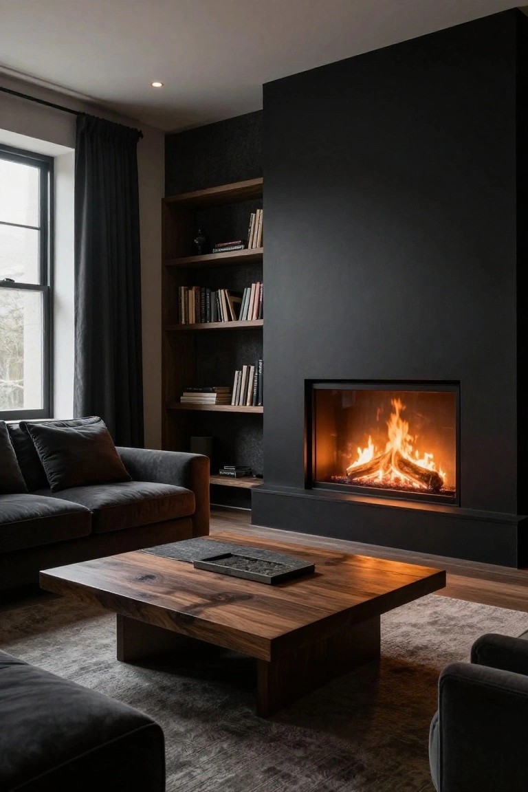 Modern living room with a large black fireplace wall, walnut bookshelves on one side, dark gray L-shaped sofa, rectangular wooden coffee table, and window with black curtains.
