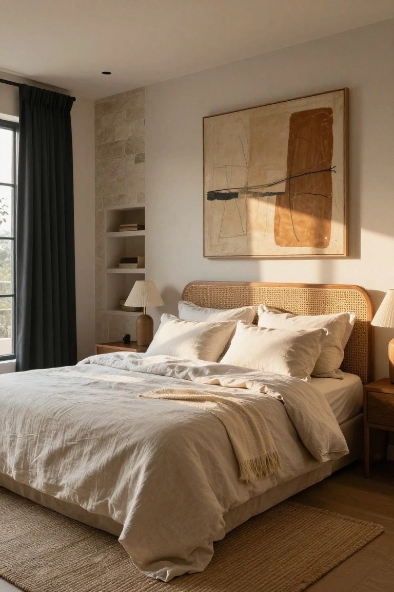 A bedroom with a curved cane headboard on a bed covered in white linen sheets and pillows, wooden nightstands with lamps, a large abstract painting on one wall, built-in shelves, and dark curtains over a window.