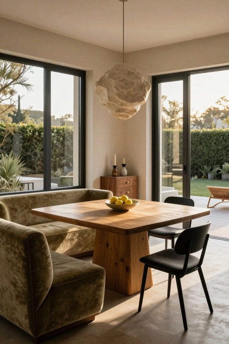 Modern interior dining nook with green velvet wraparound banquette, square wooden table topped with lemons, black chairs, hanging paper lantern, and large glass doors to backyard garden.