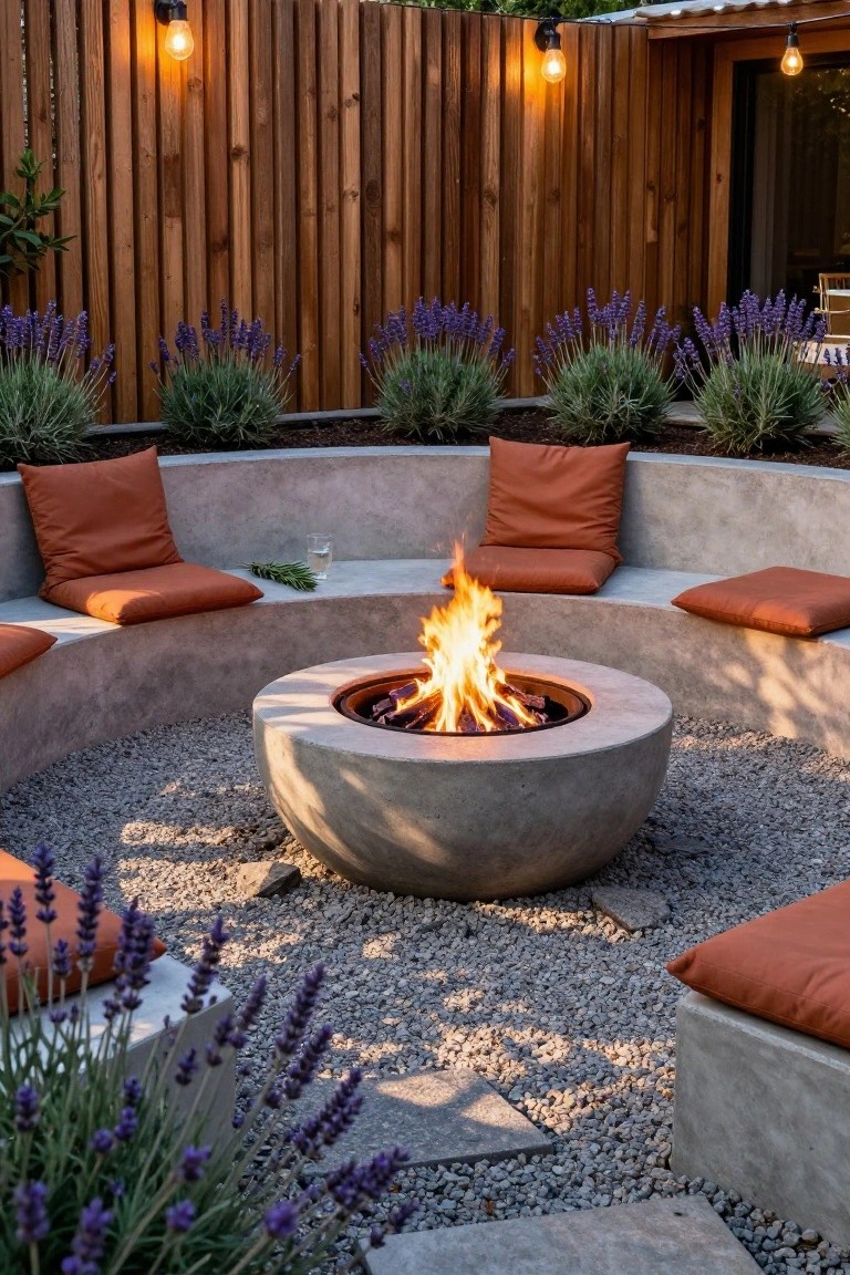Curved gray concrete bench seating with orange cushions surrounding a central lit fire pit on gravel ground in a backyard enclosed by wooden fence, lavender plants, and string lights.