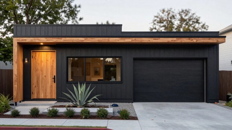 24 Refined Luxury Modern Homes That Feel Current And Sophisticated Modern house exterior with black vertical siding, a prominent light wood front door under a matching wood overhang, large windows, a black garage door, agave plants, boxwoods, gravel mulch, and concrete stepping stones leading to the entry.