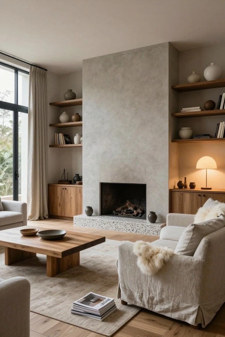 Modern living room with tall textured gray plaster fireplace wall flanked by wooden open shelves above cabinets on both sides, neutral linen sofas, wooden coffee table, and large windows with sheer curtains overlooking trees.