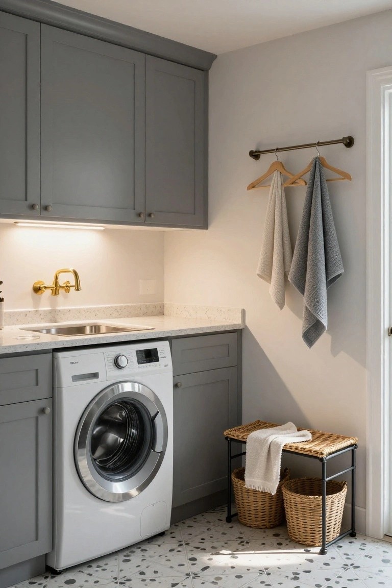 Modern laundry room featuring gray shaker-style cabinets, white front-load washer, stainless steel sink with gold faucet, wall-mounted hanging rod with gray and white towels, wooden stool with towel and two wicker baskets on speckled terrazzo floor.