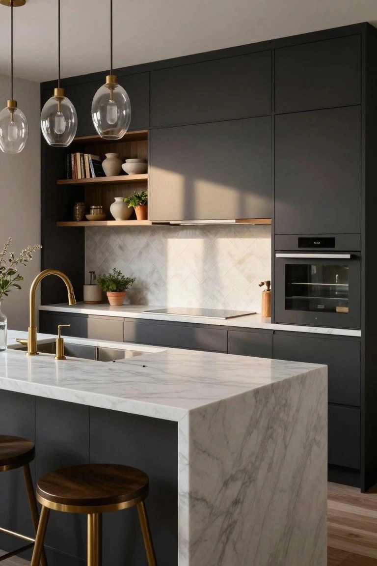Modern kitchen with dark matte cabinets, white marble island countertop and counters, gold pendant lights, brass faucet, wood stools, and plants on shelves.