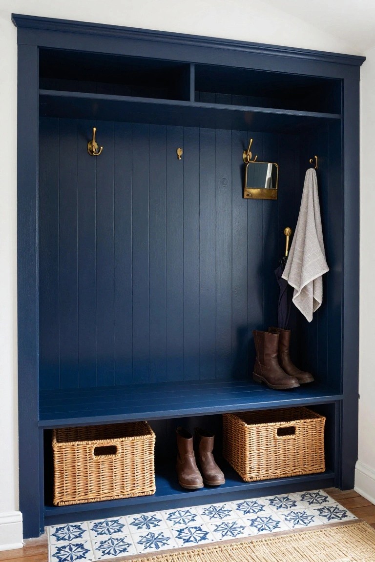 Navy blue paneled built-in cabinet in an entryway with brass hooks holding coats and towels, a bench displaying boots and wicker baskets, a small mirror, and blue tiled flooring with a rug.