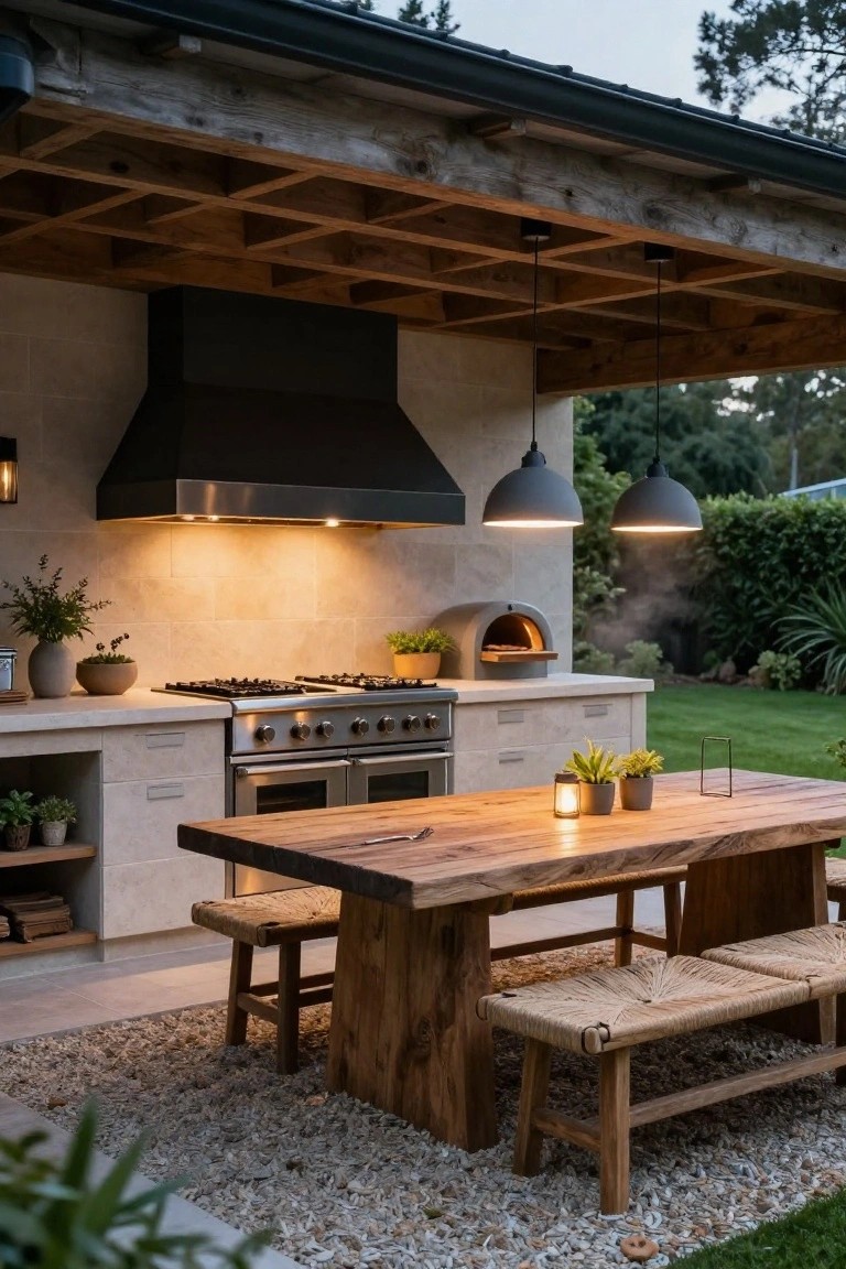 Outdoor kitchen under exposed timber beams with stainless steel range, gray wood-fired pizza oven, potted plants, and large rectangular wooden dining table with rattan benches on gravel patio next to green lawn and hedges.