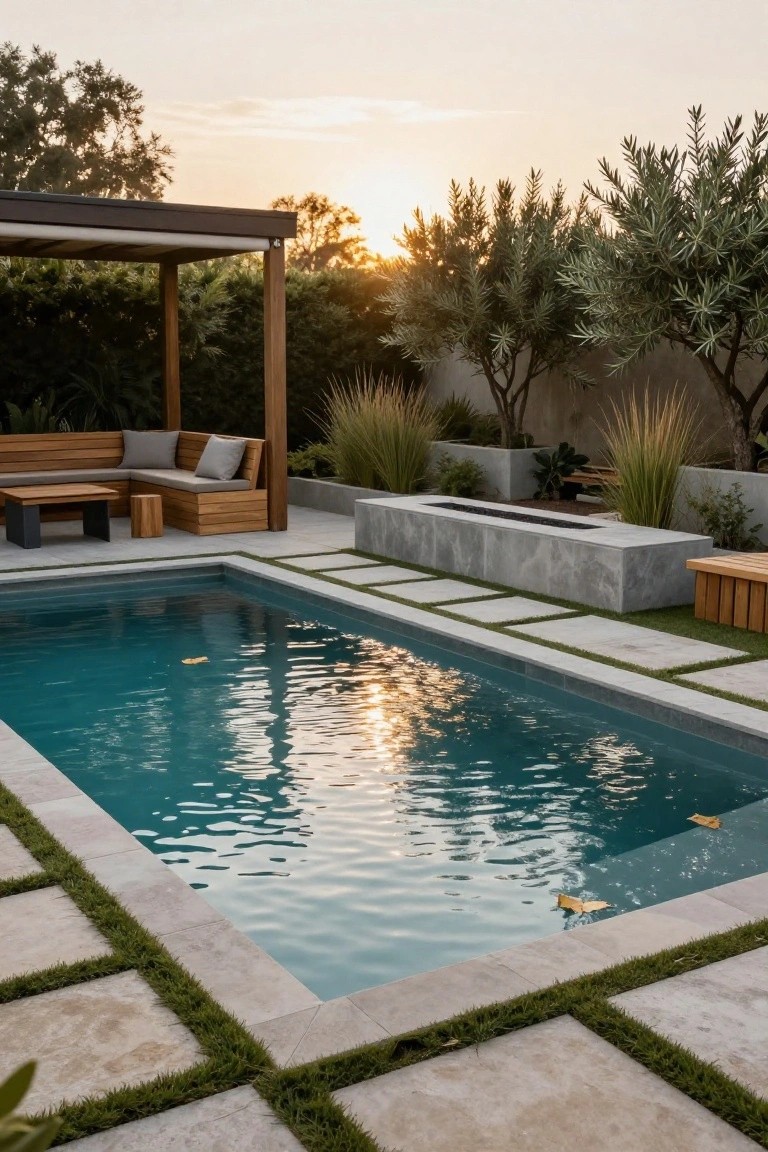 Rectangular turquoise pool with light gray concrete deck pavers featuring grass inlays, adjacent linear concrete fire pit bench, wooden pergola lounge area with cushions, and surrounding grasses and trees at sunset.
