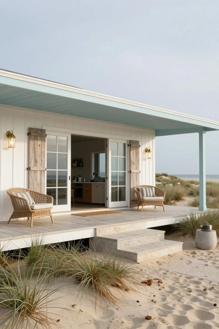 White clapboard beach house with turquoise-painted porch ceiling, open French doors revealing a kitchen interior, two rattan chairs on a wooden deck, steps leading to sand dunes and ocean in the background.