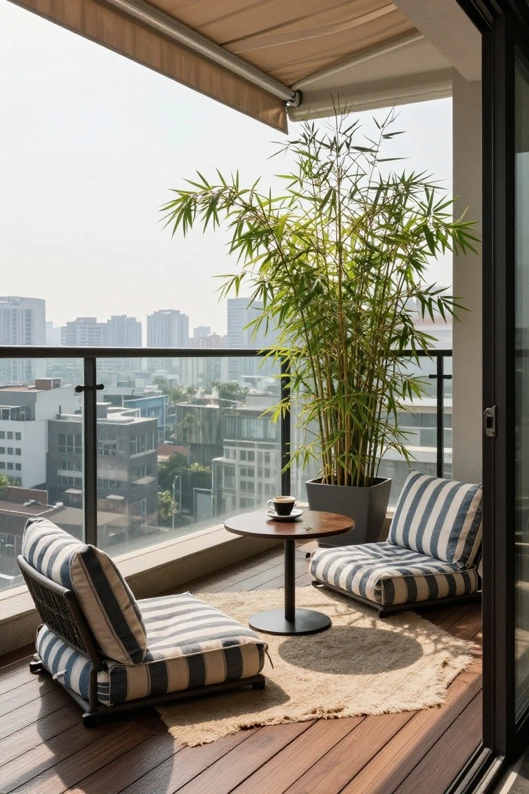 Modern balcony featuring two low striped lounge chairs around a small round wooden table with a coffee cup, tall bamboo plant in a gray pot, beige awning overhead, wooden deck flooring, glass railing, and city buildings in the background.