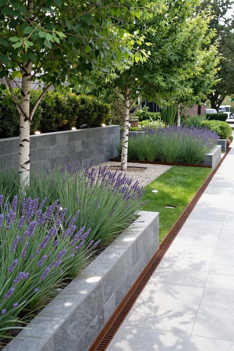 Raised gray stone beds filled with purple lavender, green grasses, and gravel mulch line a paved walkway edged in rusted metal, with birch trees and low boxwood hedges nearby.