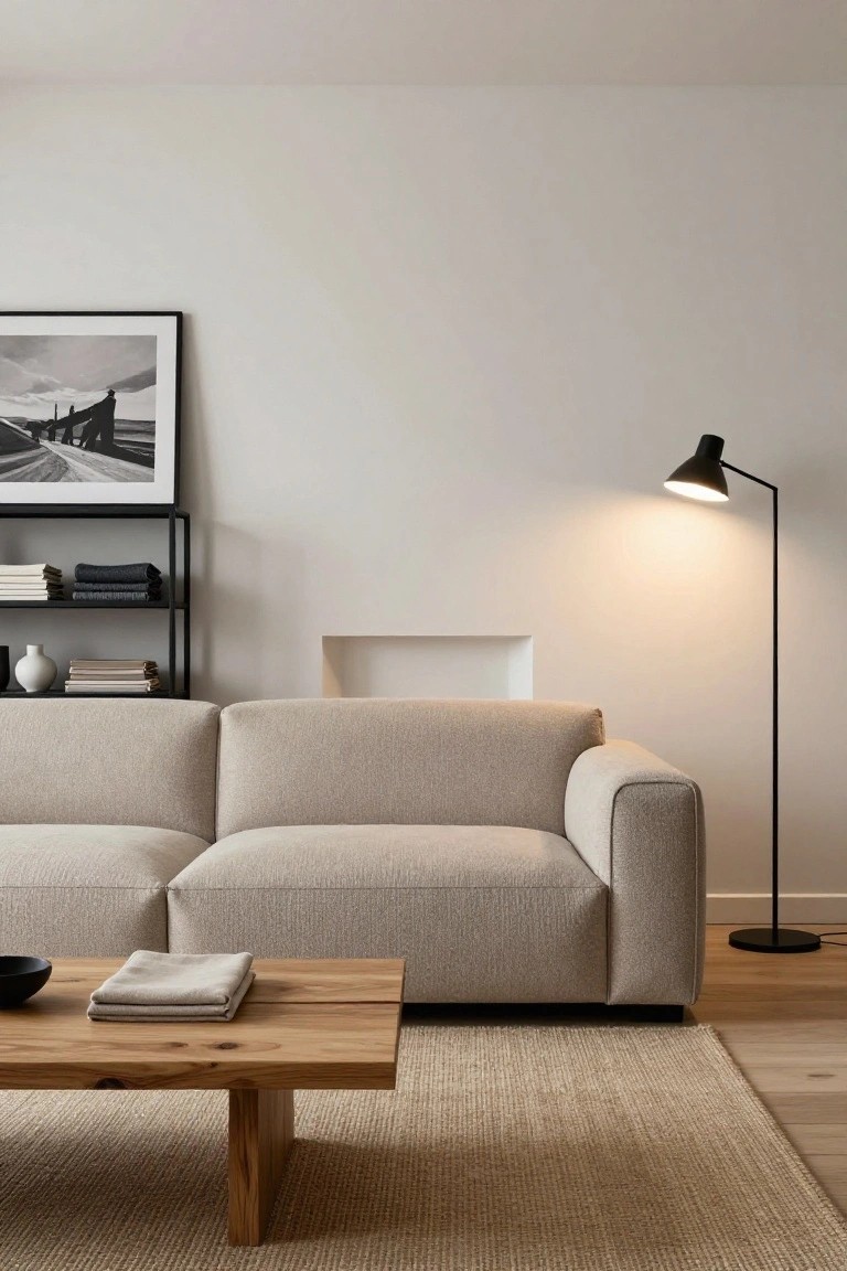A light beige modular sofa on a beige rug in a minimalist living room with light oak coffee table, black floor lamp, metal shelving unit with books and vase, and neutral walls.