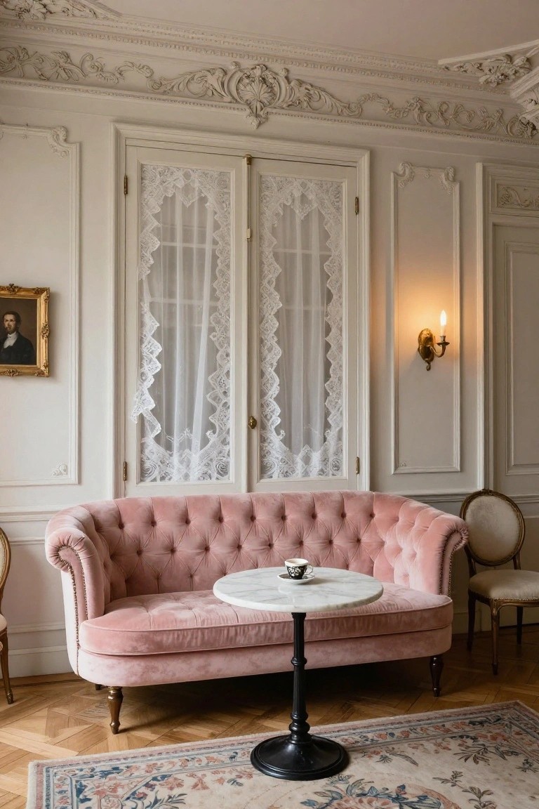 Pink tufted velvet sofa in an ornate white-paneled room with lace-curtained double doors, marble pedestal table holding a teacup and saucer, antique chairs, wall sconce, and patterned rug on parquet floor.