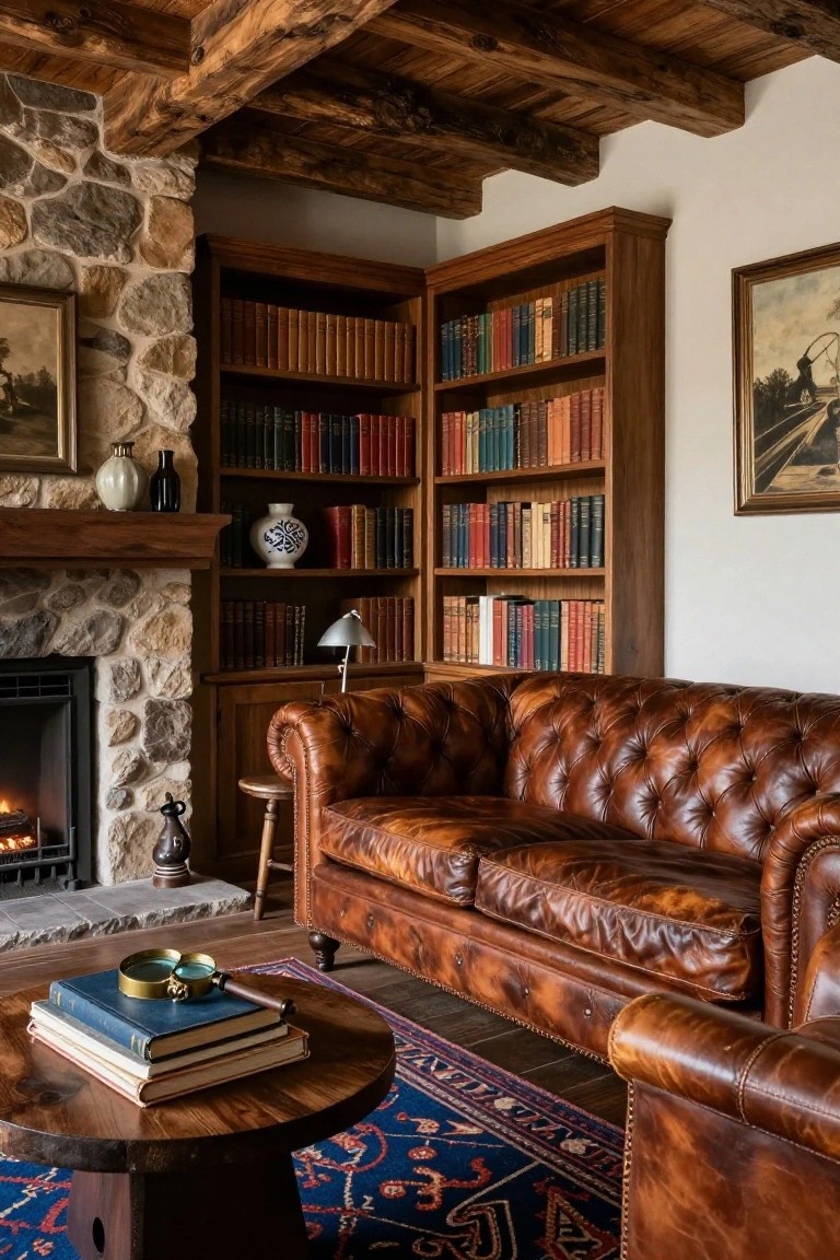 Cozy library room interior with brown tufted leather Chesterfield sofa in front of stone fireplace, wooden bookshelves filled with colorful books, round wooden coffee table holding stacked books and brass magnifying glass, and blue vase on mantel.