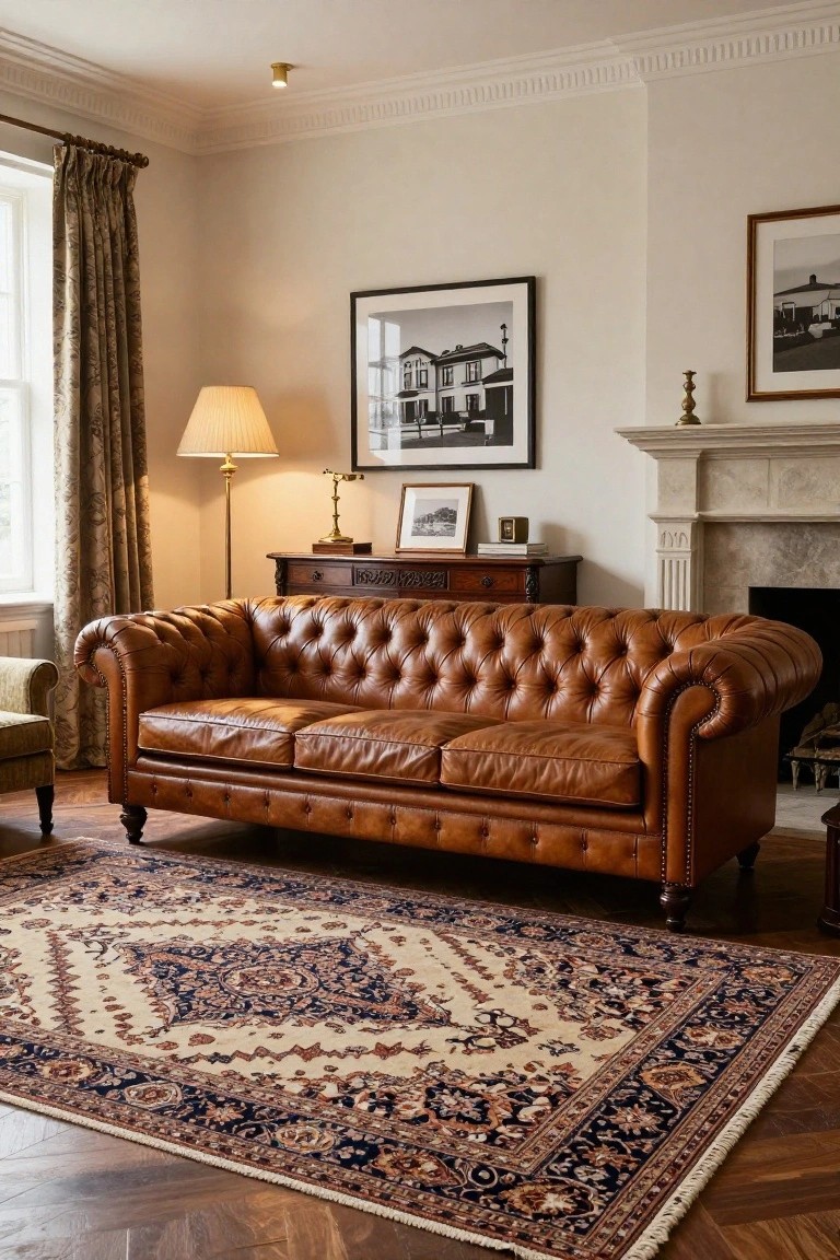 A traditional living room with a brown tufted leather Chesterfield sofa positioned in front of a stone fireplace, on a cream and navy Persian rug, beside wooden furniture and framed photos.