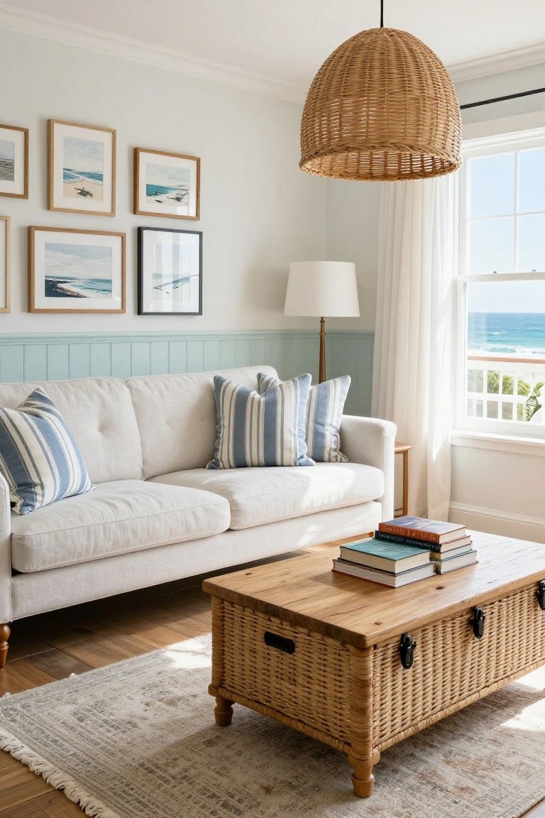 Light cream tufted sofa with blue and white striped pillows in a coastal-style living room, featuring rattan pendant light, floor lamp, seascape wall art, wooden trunk coffee table with books, and large window with ocean view.