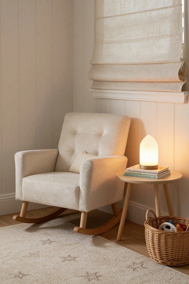 Beige tufted rocking chair in a light-colored nursery corner next to a wooden side table with a white lamp, stacked books, and a wicker basket of toys on a cream rug with star patterns.