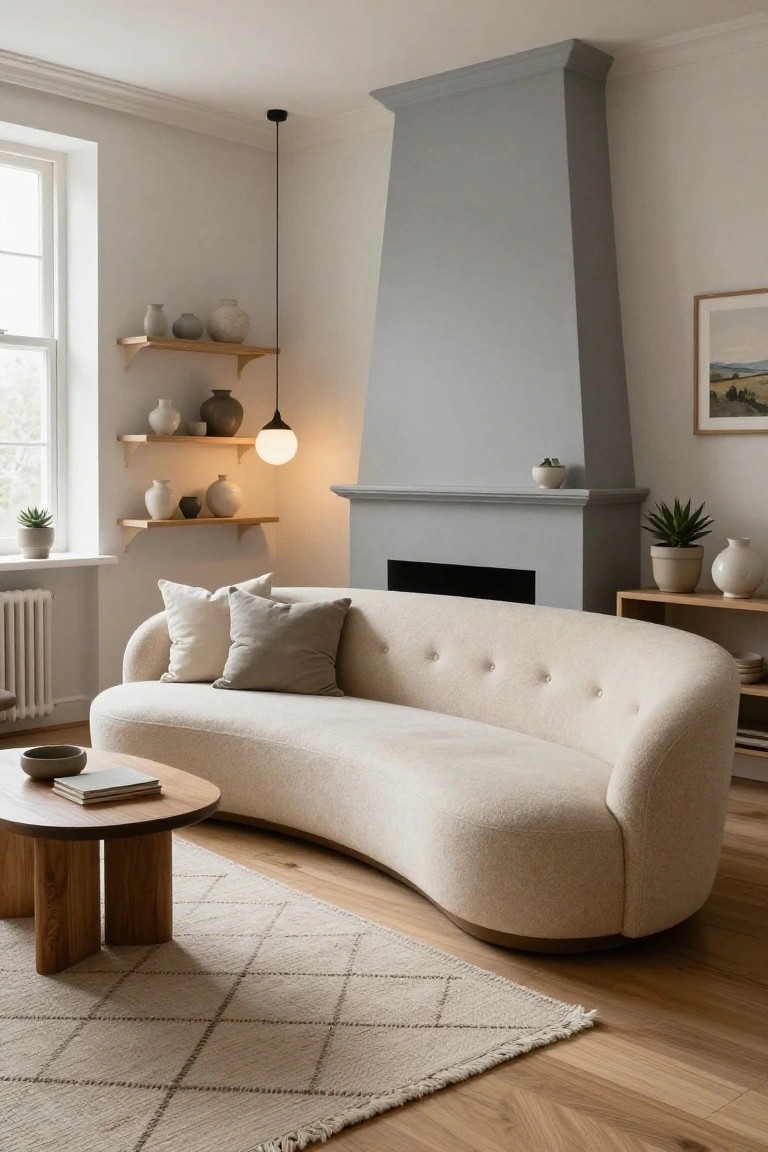 A curved cream-colored tufted sofa with light gray and white pillows sits in a bright living room with white walls, a tall gray stone fireplace, wooden floating shelves holding ceramic pots, a round wooden coffee table with books, potted plants, a neutral woven rug, and hardwood floors.