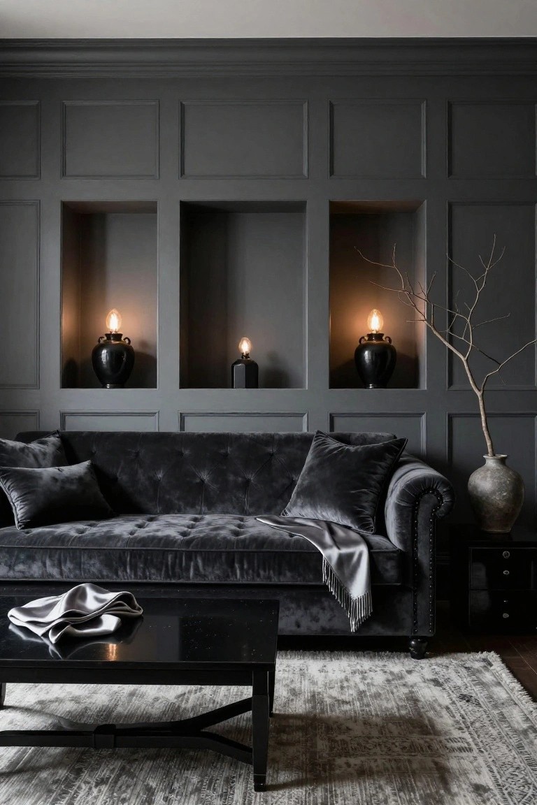 Dark gray paneled living room with black velvet tufted sofa, pillows, gray throw, black coffee table, lit black urn lamps in wall niches, tall vase, and neutral rug.