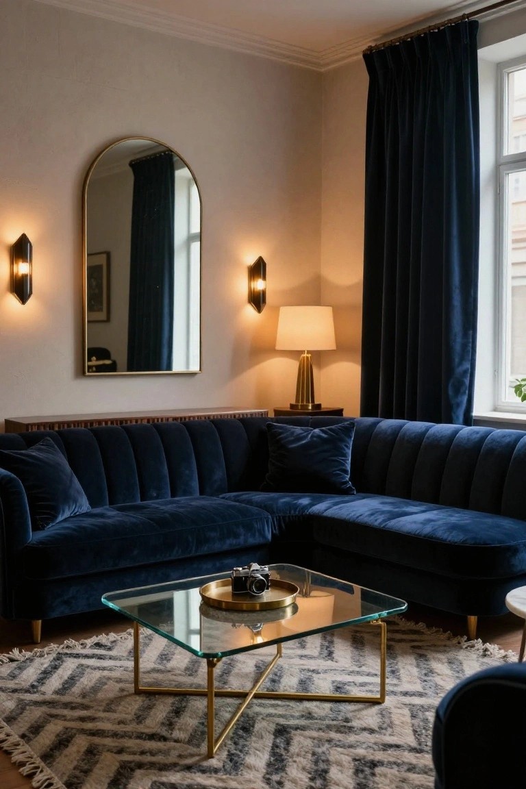 A cozy living room corner with navy blue tufted velvet L-shaped sofa, gold-framed arched mirror on wall, glass coffee table on patterned rug, brass lamps, and navy curtains at window.
