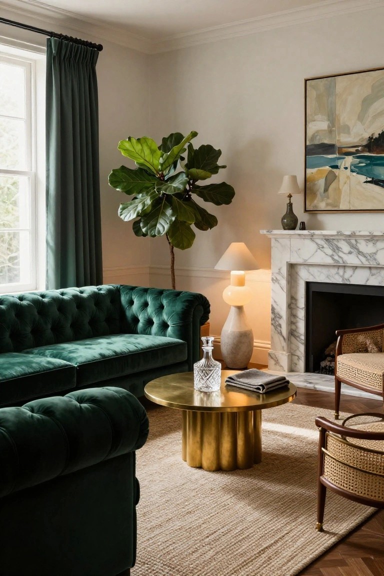 A living room with an emerald green tufted velvet sofa, gold drum coffee table, marble fireplace, large fiddle leaf fig plant near a window with green curtains, rattan chair, and abstract painting on the wall.
