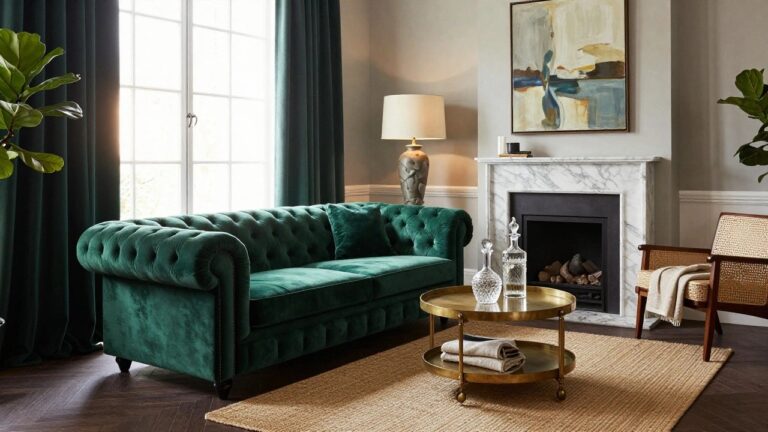 A living room with an emerald green tufted velvet sofa, gold drum coffee table, marble fireplace, large fiddle leaf fig plant near a window with green curtains, rattan chair, and abstract painting on the wall.