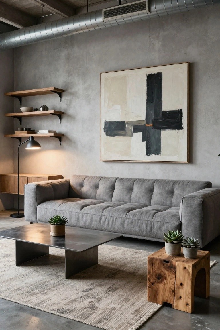 Industrial-style living room with gray tufted sofa, black metal coffee table, wooden stools with plants, floating oak shelves, floor lamp, and large abstract painting on textured concrete walls under exposed ducts.