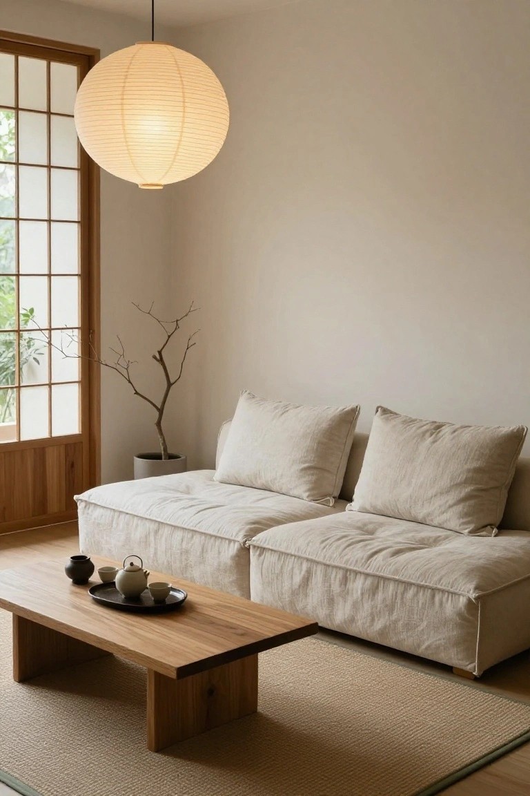 A minimalist indoor living room featuring a low modular sofa in beige linen, a wooden low table with a teapot and cups, a hanging paper lantern, shoji screen window, potted bare branch tree, and neutral toned walls and floor.