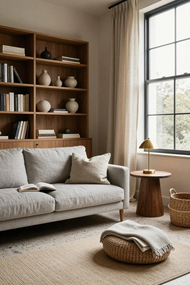 Light gray linen sofa with open book and pillows in front of wooden bookshelves filled with books and white ceramics, beside a window with beige curtains, wood pedestal table with gold lamp, seagrass rug, and woven basket.