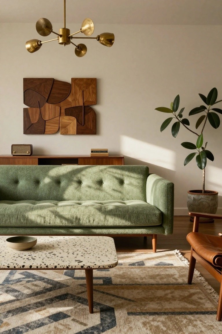 Mid-century living room with green sofa, terrazzo table, and brass chandelier.