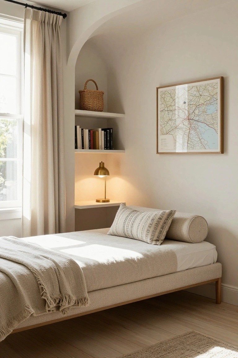A low beige upholstered daybed with white bedding, fringed throw, and striped bolster pillows sits in a light-colored arched bedroom nook with built-in shelves, books, a wicker basket, gold lamp, and a framed map on the wall next to a window with sheer curtains.