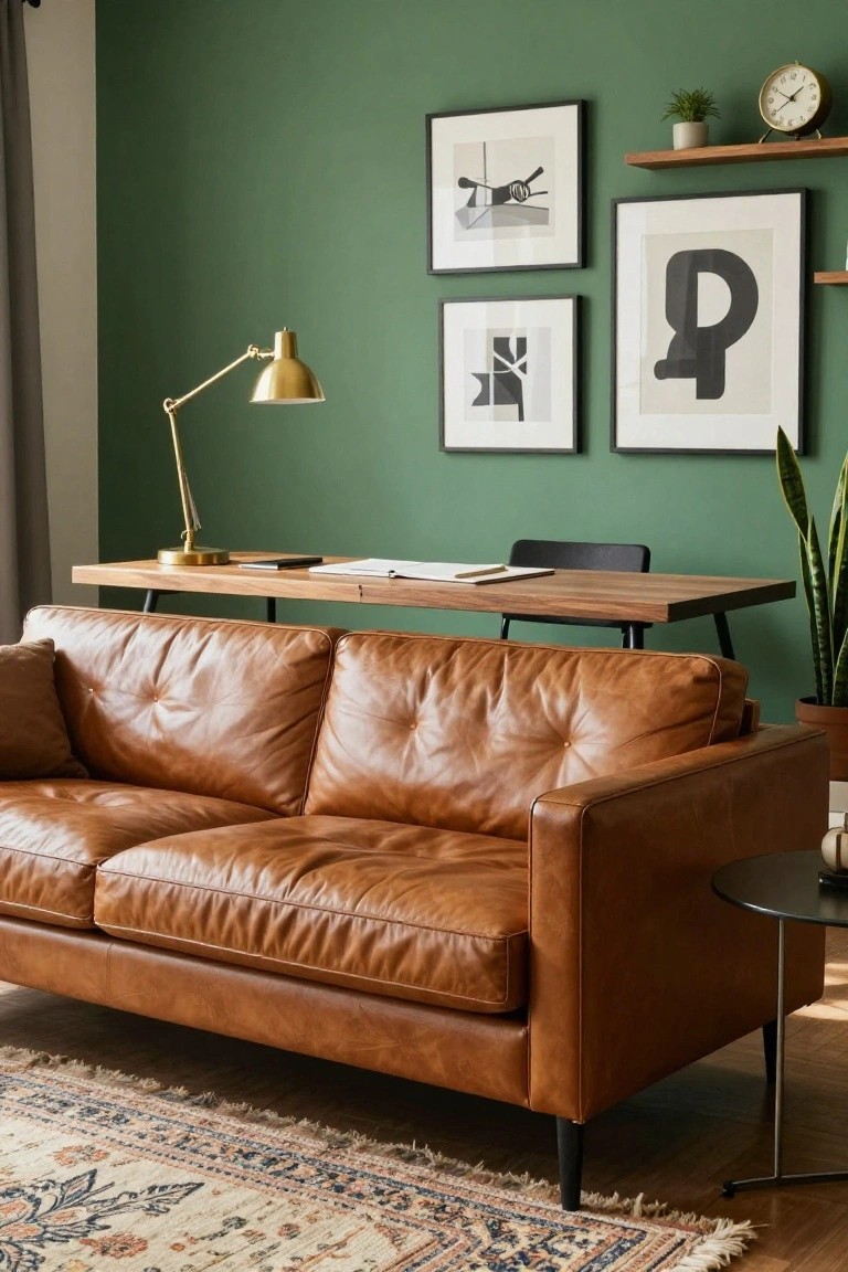 A tan tufted leather sofa sits against an emerald green wall in a living room, next to a wooden desk with a black chair, gold desk lamp, abstract black-and-white artworks, potted plants, and a patterned rug on hardwood floors.