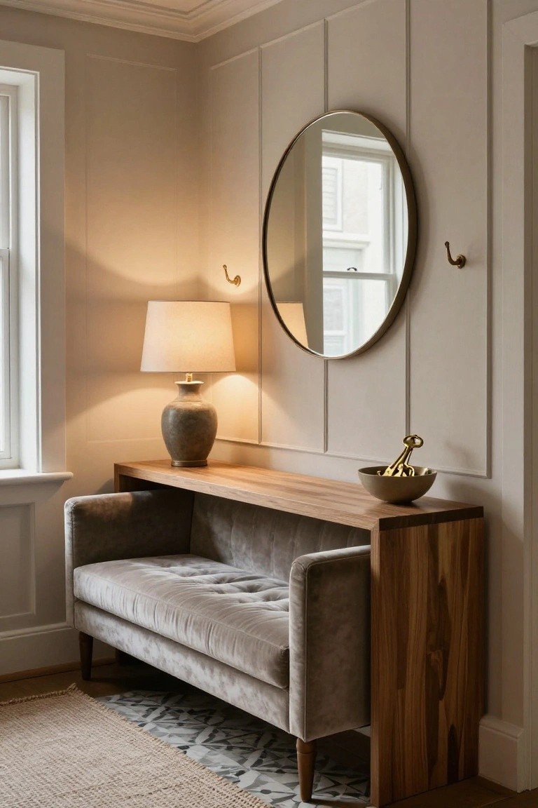 Corner of a light beige room with paneled walls showing a low gray tufted velvet bench integrated with a wooden console table topped by a ceramic lamp and bowl, large round gold mirror nearby, seagrass rug on floor.