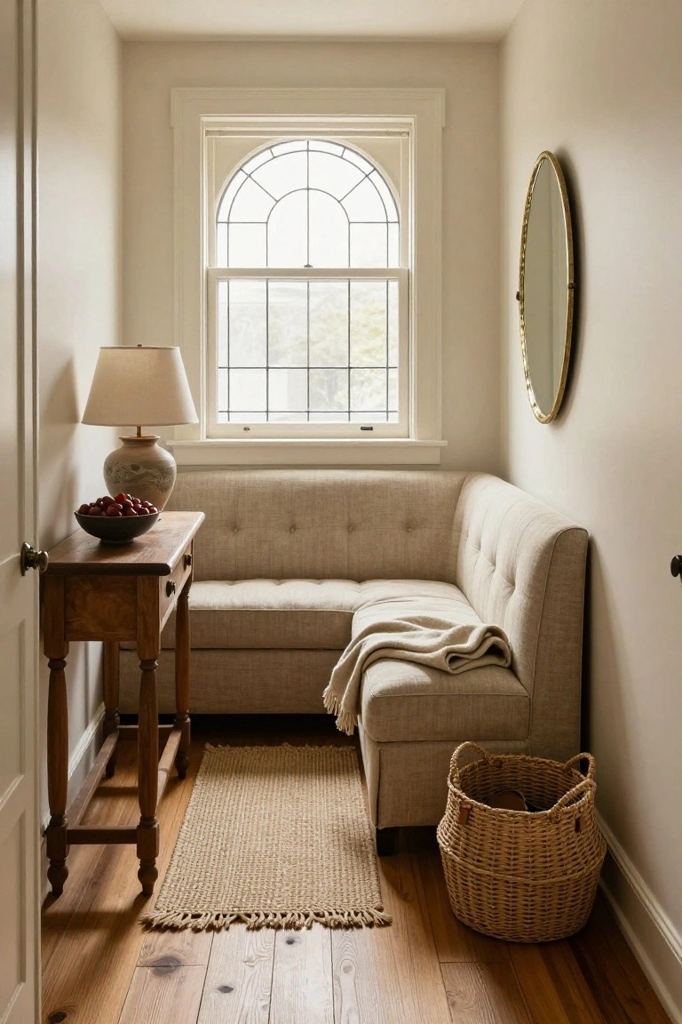 Small beige tufted corner sofa in a light beige room with arched window, round mirror, wooden side table with lamp and bowl of cherries, throw blanket, seagrass rug, and wicker basket on hardwood floors.