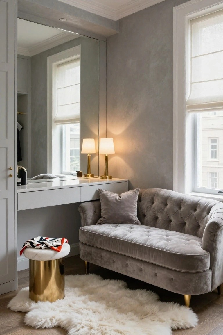 Gray velvet tufted sofa with pillows in a dressing room featuring a white vanity, large mirror, brass table lamps, gold stool with scarf, and white shag rug on wood floor.