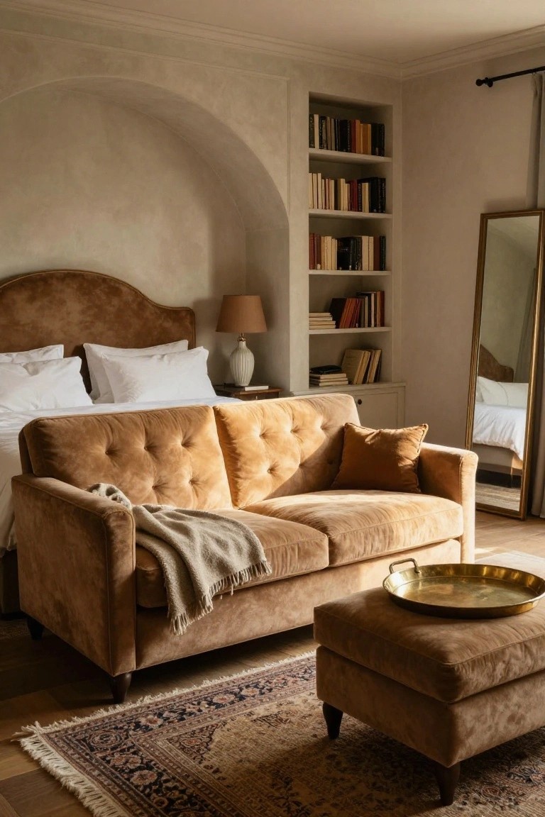 Bedroom interior with arched beige walls, tufted cognac velvet bed headboard and matching sofa with pillows and throw, ottoman with brass tray, bookshelves, lamp, and full-length mirror.