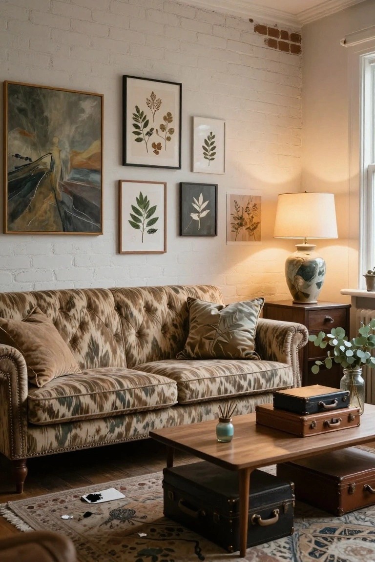 Living room corner with exposed white brick walls, a brown patterned tufted Chesterfield sofa, botanical leaf prints in frames, a lamp on a wooden side table, wooden coffee table with stacked leather suitcases, and a Persian-style rug on hardwood floor.